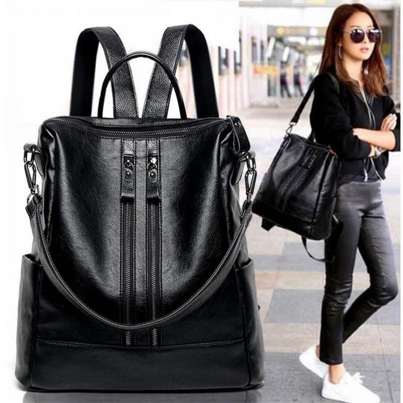 Canvas Backpack Casual - 여성 부드러운 가죽 배낭 학교 블랙